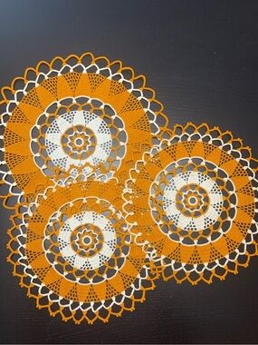 Vintage 1970s Crocheted Doilies in Orange and White Set of Three